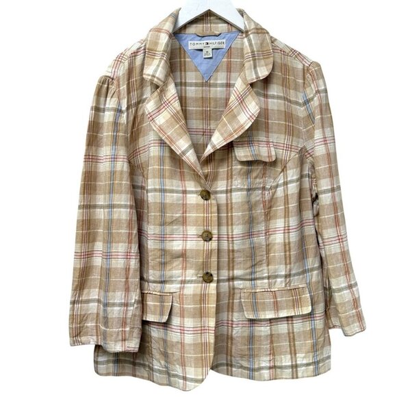 TOMMY HILFIGER Linen Jacket Size 14 Womens Plaid Blazer Beige Metallic Gold - Picture 1 of 9